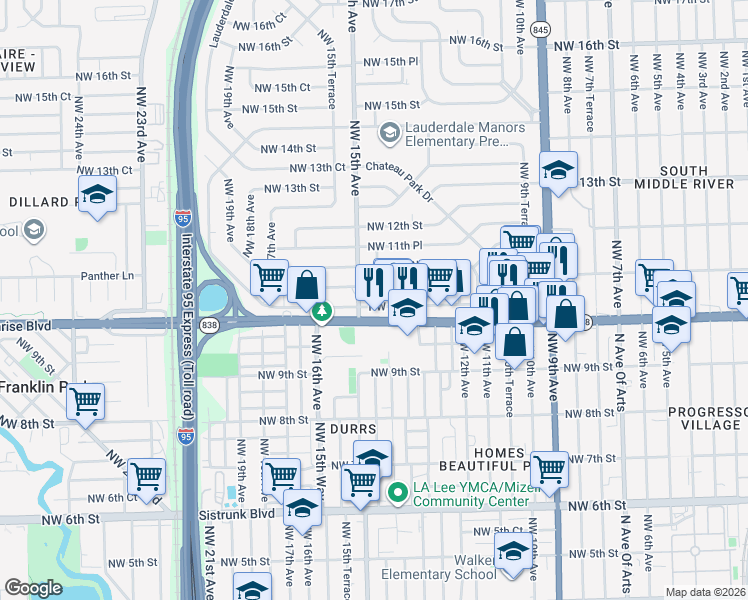 map of restaurants, bars, coffee shops, grocery stores, and more near 1425 Northwest 10th Place in Fort Lauderdale