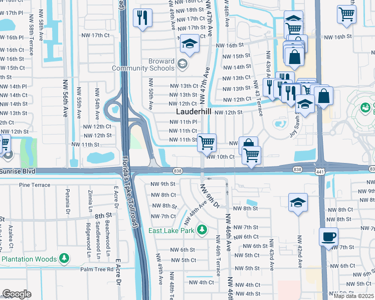 map of restaurants, bars, coffee shops, grocery stores, and more near 4731 Northwest 10th Court in Plantation