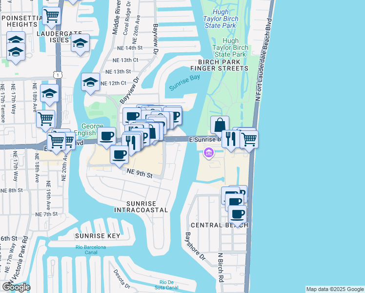 map of restaurants, bars, coffee shops, grocery stores, and more near 2670 East Sunrise Boulevard in Fort Lauderdale