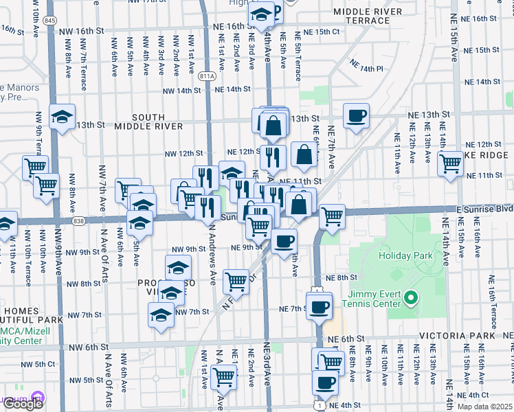 map of restaurants, bars, coffee shops, grocery stores, and more near 1012 Northeast 2nd Avenue in Fort Lauderdale