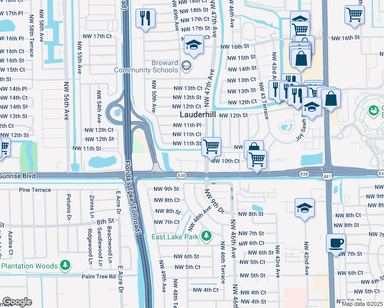 map of restaurants, bars, coffee shops, grocery stores, and more near 4731 Northwest 10th Court in Plantation