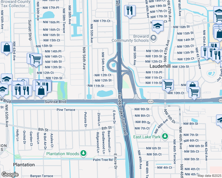 map of restaurants, bars, coffee shops, grocery stores, and more near 5260 Northwest 11th Street in Lauderhill