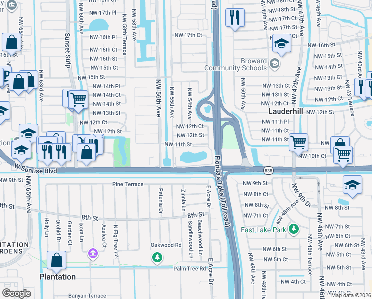 map of restaurants, bars, coffee shops, grocery stores, and more near 5420 Northwest 11th Street in Lauderhill