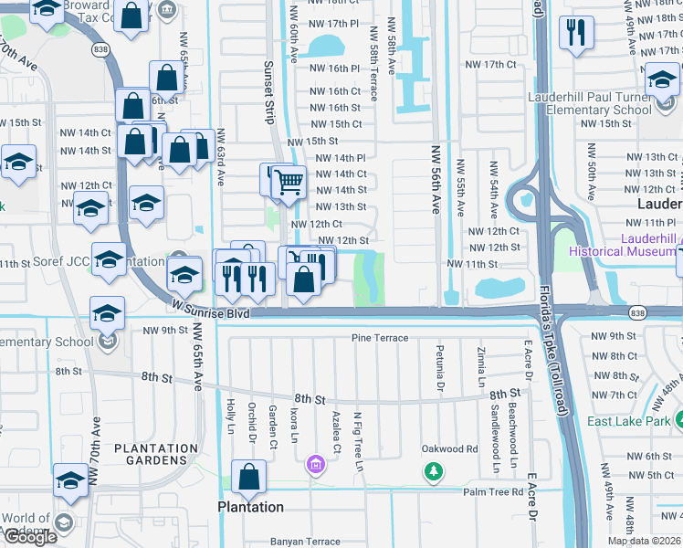 map of restaurants, bars, coffee shops, grocery stores, and more near 5935 Del Lago Circle in Sunrise