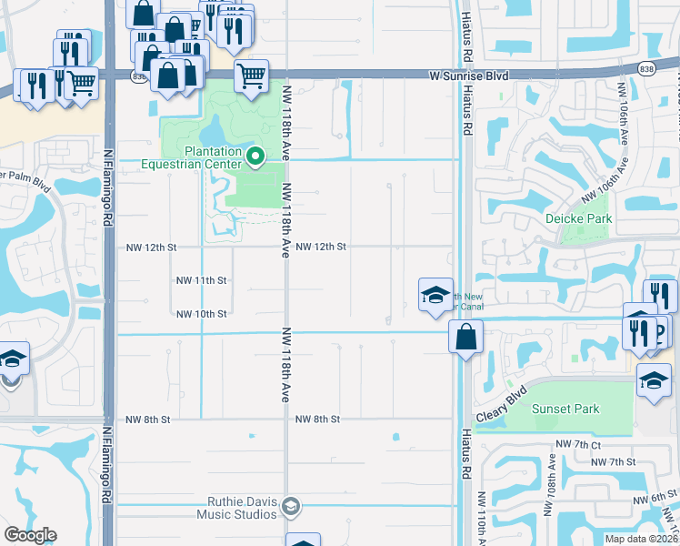 map of restaurants, bars, coffee shops, grocery stores, and more near 11701 Northwest 11th Street in Plantation