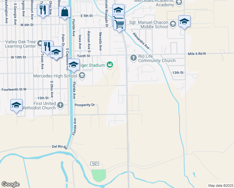 map of restaurants, bars, coffee shops, grocery stores, and more near 1622 Oak Ridge Drive in Mercedes