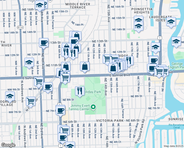 map of restaurants, bars, coffee shops, grocery stores, and more near 1119 East Sunrise Boulevard in Fort Lauderdale