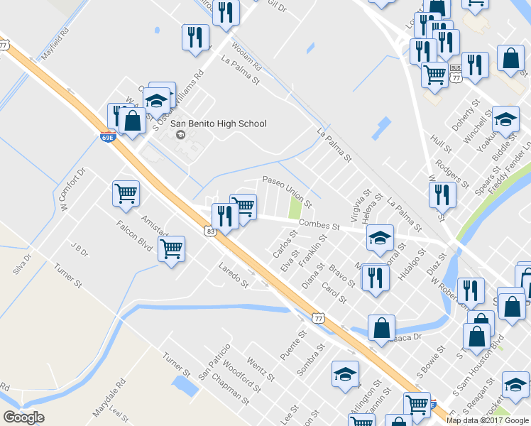 map of restaurants, bars, coffee shops, grocery stores, and more near 1650 Combes St in San Benito