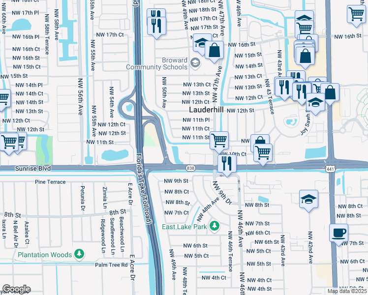map of restaurants, bars, coffee shops, grocery stores, and more near 4771 Northwest 10th Court in Plantation