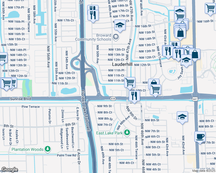 map of restaurants, bars, coffee shops, grocery stores, and more near 4771 Northwest 10th Court in Plantation