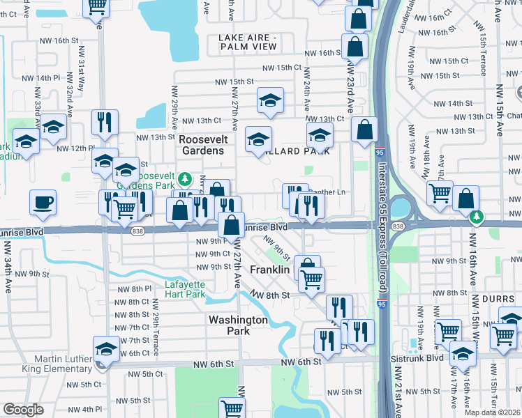 map of restaurants, bars, coffee shops, grocery stores, and more near 1041 Northwest 25th Way in Fort Lauderdale