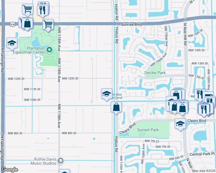 map of restaurants, bars, coffee shops, grocery stores, and more near 1101 Northwest 112th Avenue in Plantation
