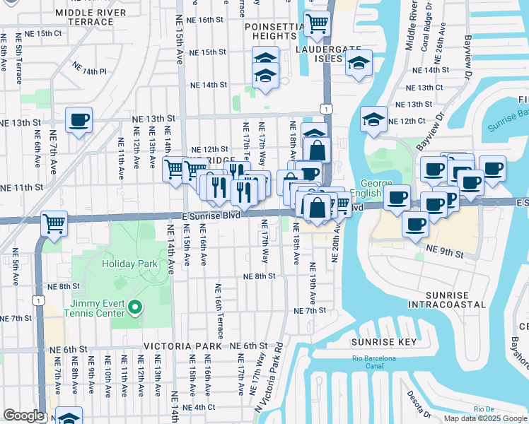 map of restaurants, bars, coffee shops, grocery stores, and more near East Sunrise Boulevard in Fort Lauderdale