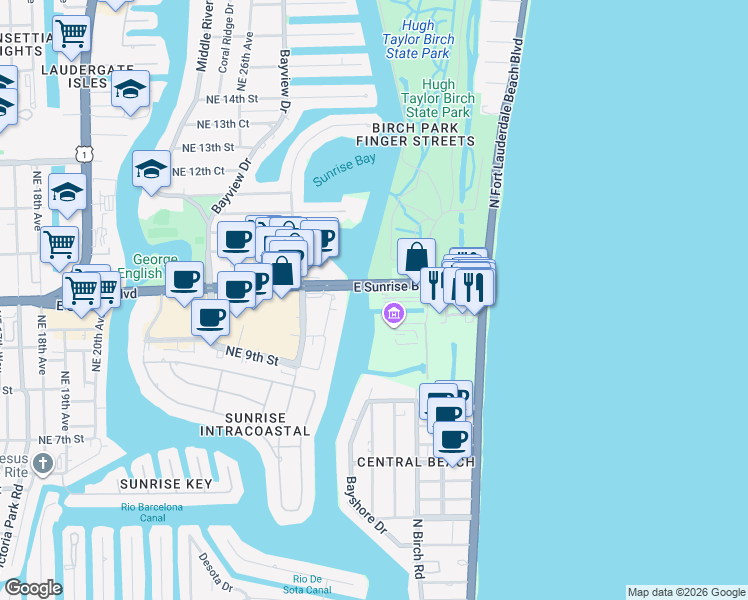map of restaurants, bars, coffee shops, grocery stores, and more near 2800 East Sunrise Boulevard in Fort Lauderdale