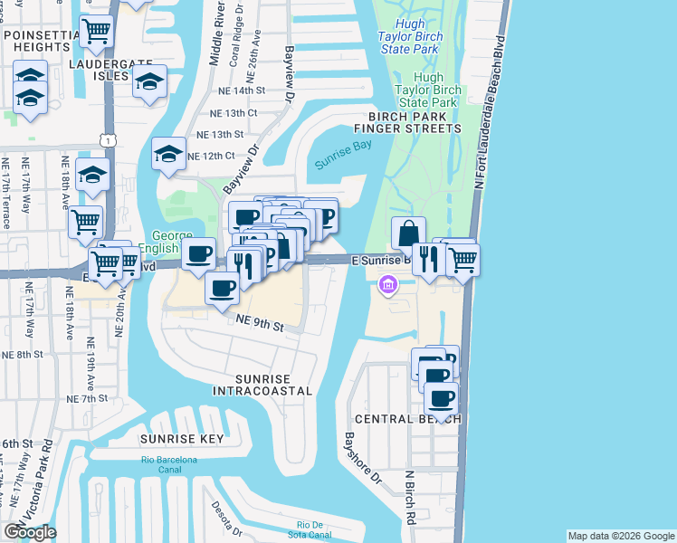 map of restaurants, bars, coffee shops, grocery stores, and more near 2670 East Sunrise Boulevard in Fort Lauderdale