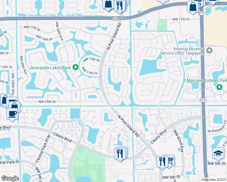 map of restaurants, bars, coffee shops, grocery stores, and more near 9031 Northwest 10th Court in Plantation