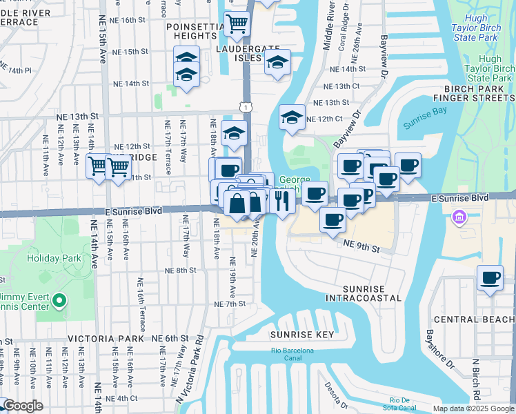 map of restaurants, bars, coffee shops, grocery stores, and more near 1998 East Sunrise Boulevard in Fort Lauderdale
