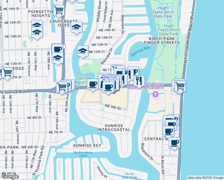 map of restaurants, bars, coffee shops, grocery stores, and more near 2418 East Sunrise Boulevard in Fort Lauderdale