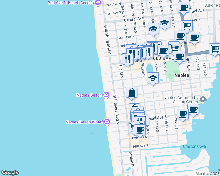 map of restaurants, bars, coffee shops, grocery stores, and more near 770 Gulf Shore Boulevard South in Naples