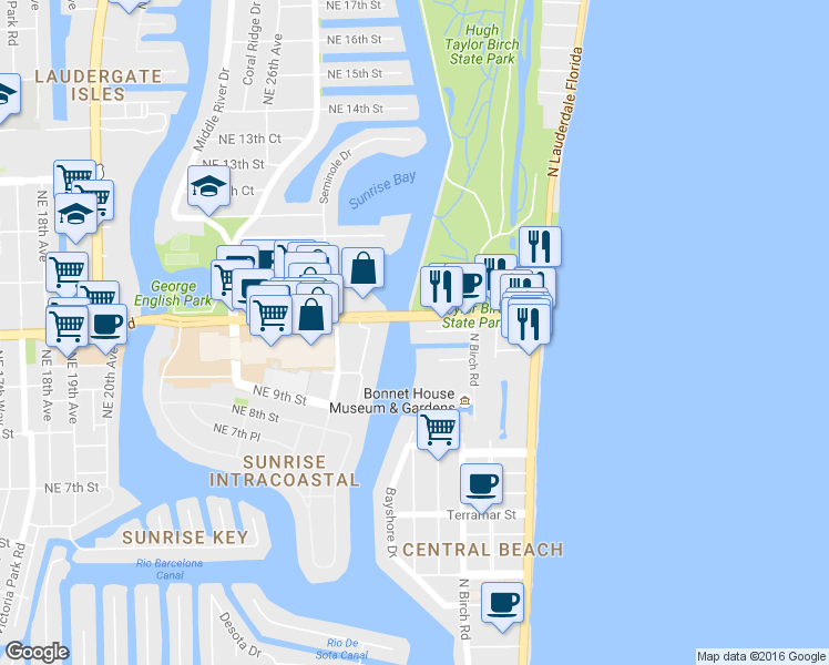 map of restaurants, bars, coffee shops, grocery stores, and more near 2800 Northeast 9th Court in Fort Lauderdale