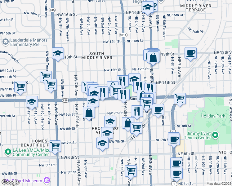 map of restaurants, bars, coffee shops, grocery stores, and more near 1 West Sunrise Boulevard in Fort Lauderdale