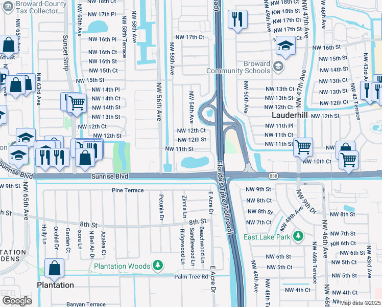 map of restaurants, bars, coffee shops, grocery stores, and more near 5420 Northwest 11th Street in Lauderhill