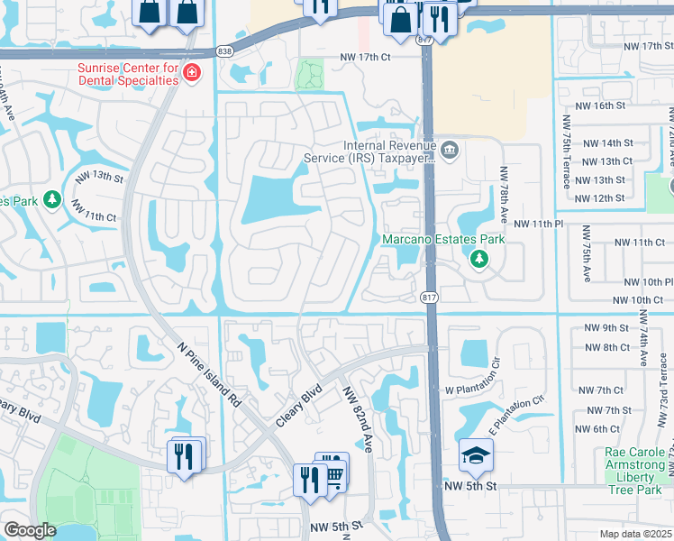 map of restaurants, bars, coffee shops, grocery stores, and more near 1074 Northwest 85th Avenue in Plantation