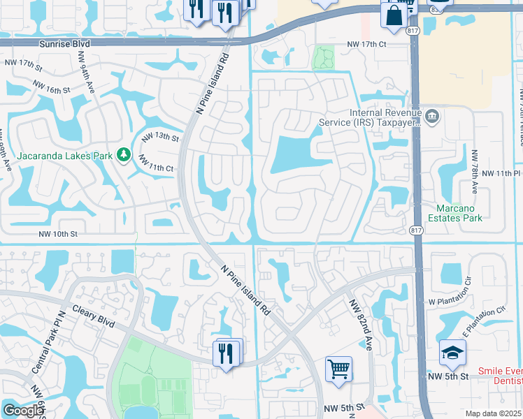 map of restaurants, bars, coffee shops, grocery stores, and more near 1045 Northwest 88th Avenue in Plantation