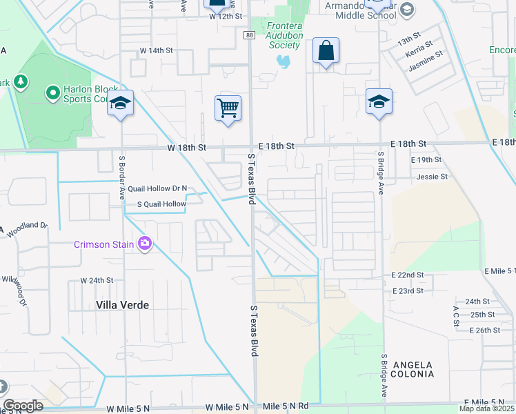 map of restaurants, bars, coffee shops, grocery stores, and more near 2100 South Texas Boulevard in Weslaco