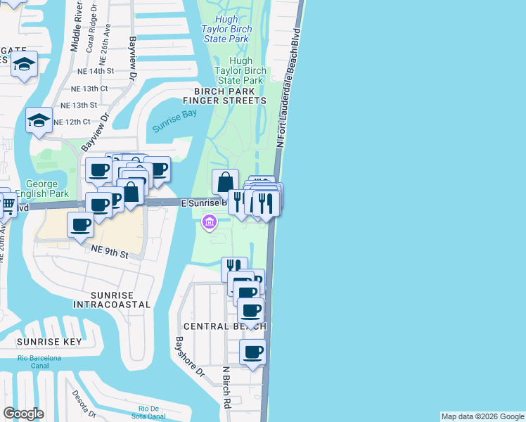 map of restaurants, bars, coffee shops, grocery stores, and more near 999 North Fort Lauderdale Beach Boulevard in Fort Lauderdale