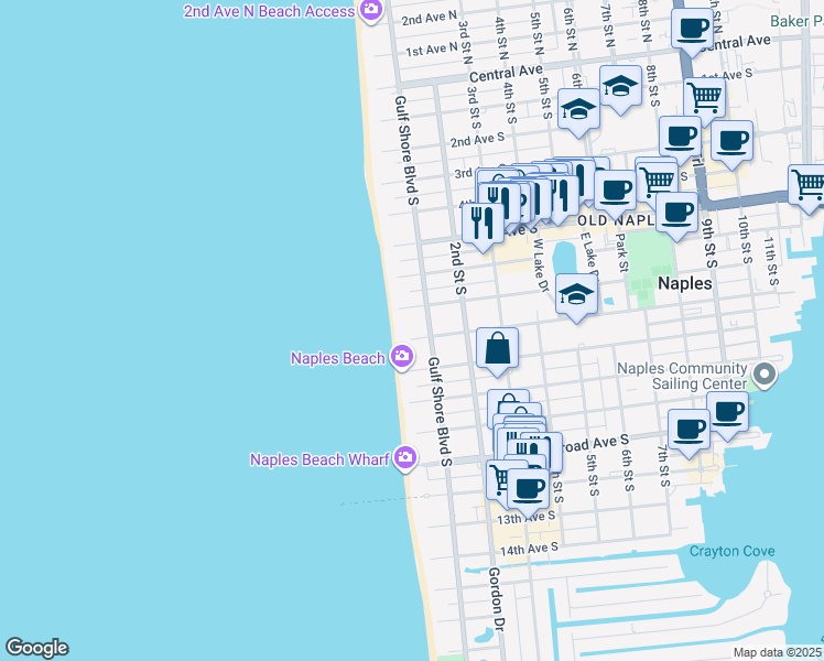map of restaurants, bars, coffee shops, grocery stores, and more near 770 Gulf Shore Boulevard South in Naples