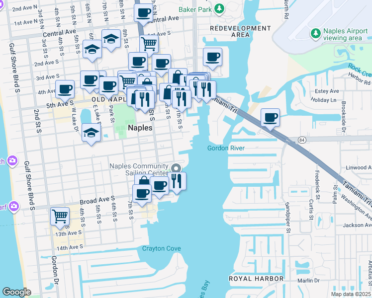map of restaurants, bars, coffee shops, grocery stores, and more near 909 10th Street South in Naples