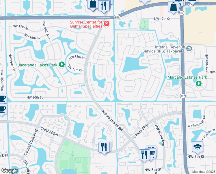 map of restaurants, bars, coffee shops, grocery stores, and more near 1070 Northwest 89th Avenue in Plantation