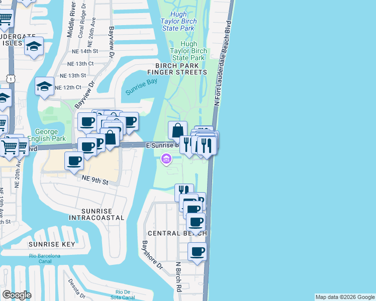 map of restaurants, bars, coffee shops, grocery stores, and more near 3000 East Sunrise Boulevard in Fort Lauderdale