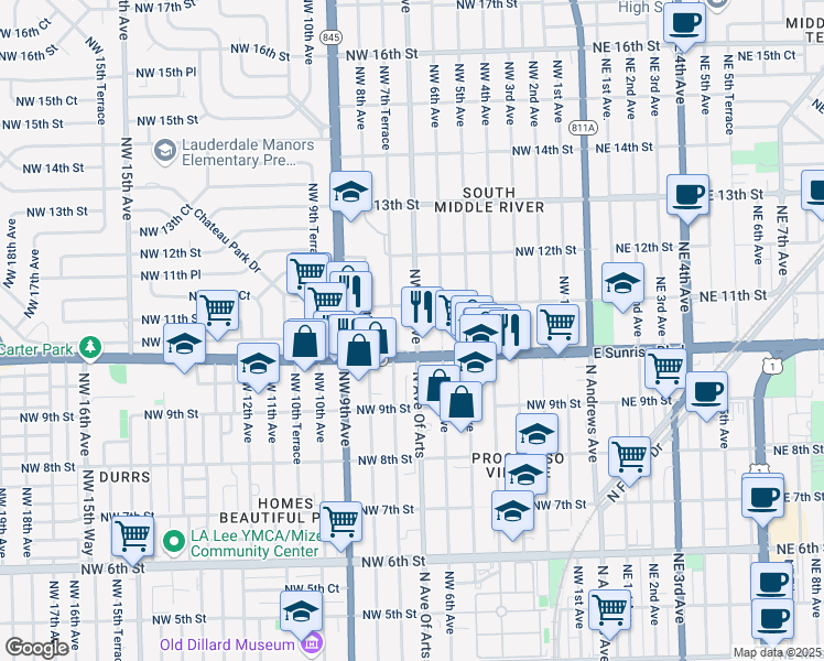 map of restaurants, bars, coffee shops, grocery stores, and more near 1025 Northwest 7th Avenue in Fort Lauderdale