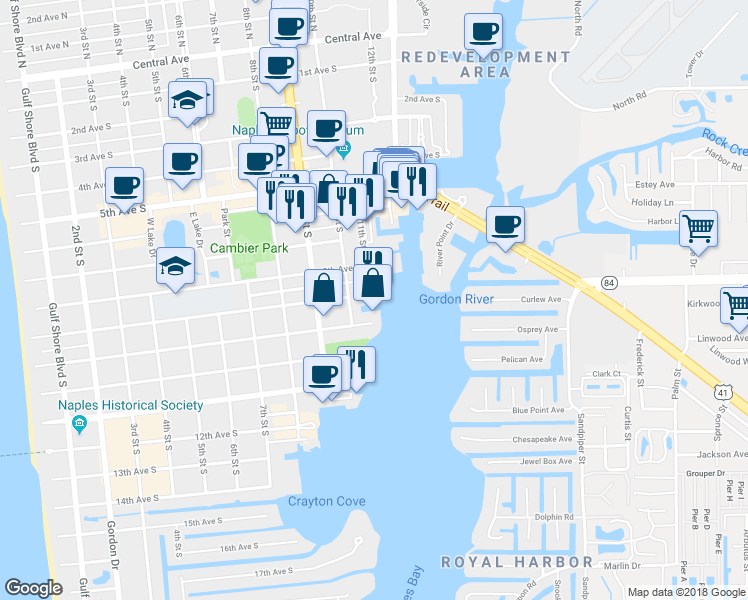map of restaurants, bars, coffee shops, grocery stores, and more near 909 10th Street South in Naples