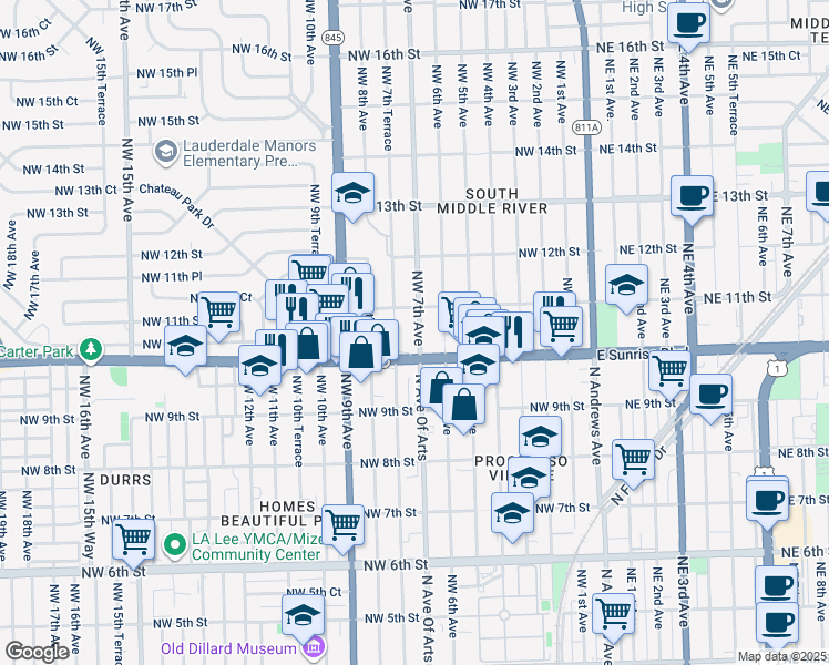 map of restaurants, bars, coffee shops, grocery stores, and more near 1025 Northwest 7th Avenue in Fort Lauderdale