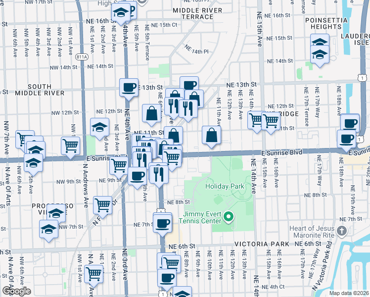 map of restaurants, bars, coffee shops, grocery stores, and more near 1011 Northeast 8th Avenue in Fort Lauderdale