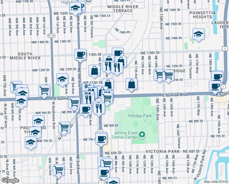 map of restaurants, bars, coffee shops, grocery stores, and more near 1011 Northeast 8th Avenue in Fort Lauderdale