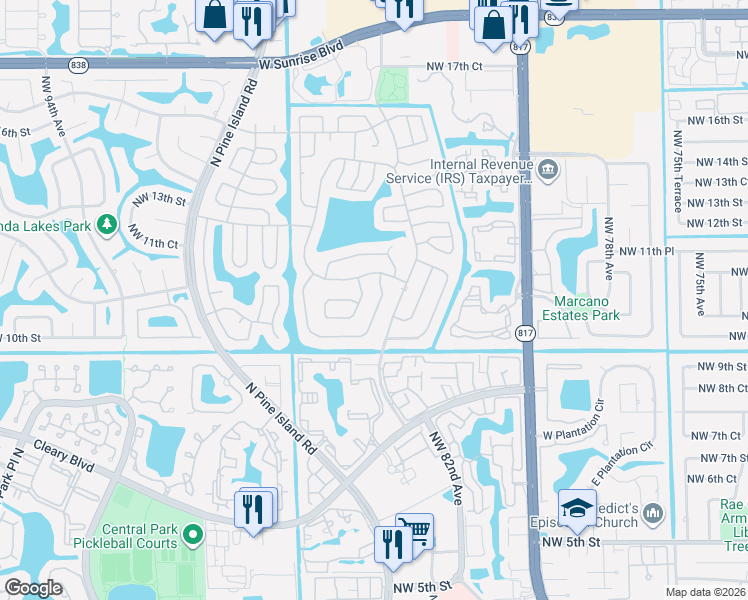 map of restaurants, bars, coffee shops, grocery stores, and more near 1055 Northwest 85th Terrace in Plantation