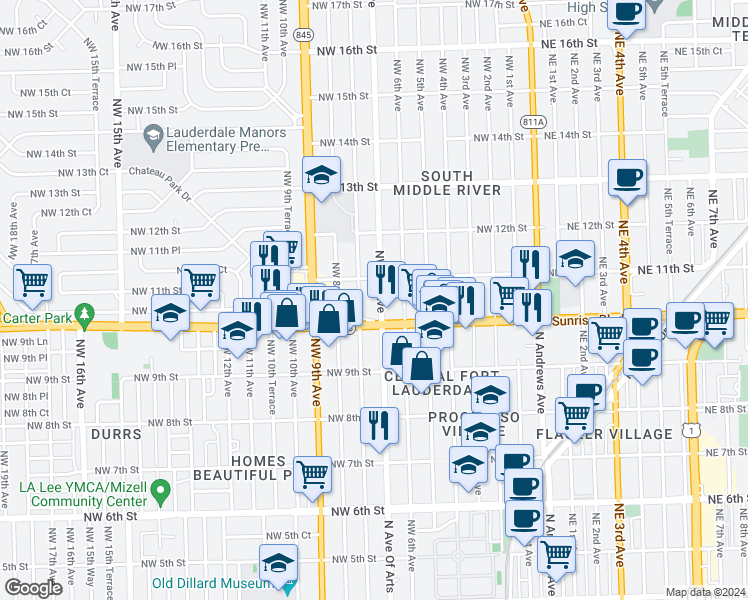 map of restaurants, bars, coffee shops, grocery stores, and more near 1025 Northwest 7th Avenue in Fort Lauderdale