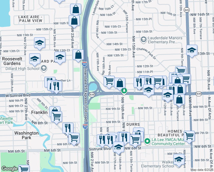 map of restaurants, bars, coffee shops, grocery stores, and more near 1609 Lauderdale Manor Drive in Fort Lauderdale
