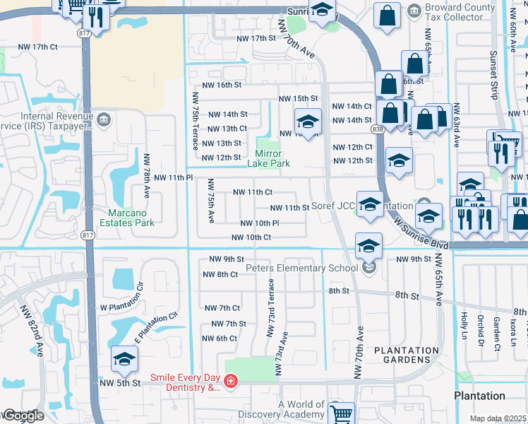 map of restaurants, bars, coffee shops, grocery stores, and more near 7220 Northwest 11th Street in Plantation