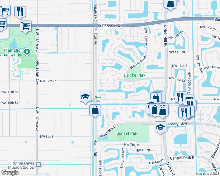 map of restaurants, bars, coffee shops, grocery stores, and more near 1120 Northwest 108th Avenue in Plantation