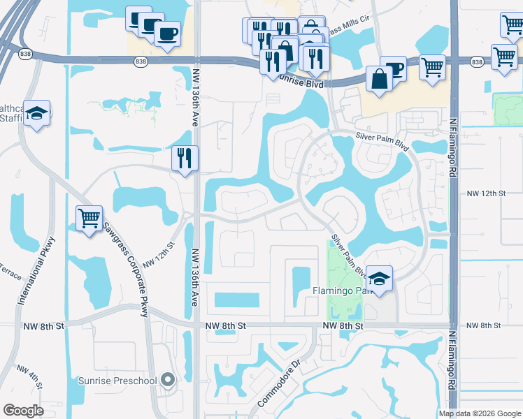map of restaurants, bars, coffee shops, grocery stores, and more near 13248 Northwest 12th Court in Sunrise