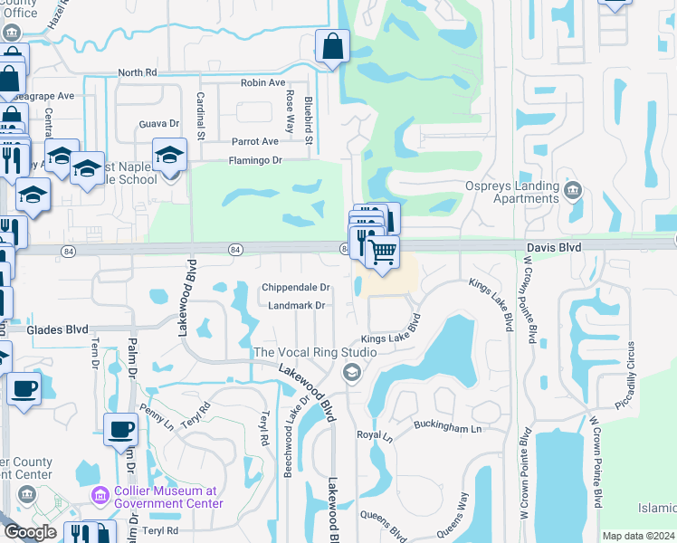 map of restaurants, bars, coffee shops, grocery stores, and more near 4834 Davis Boulevard in Naples