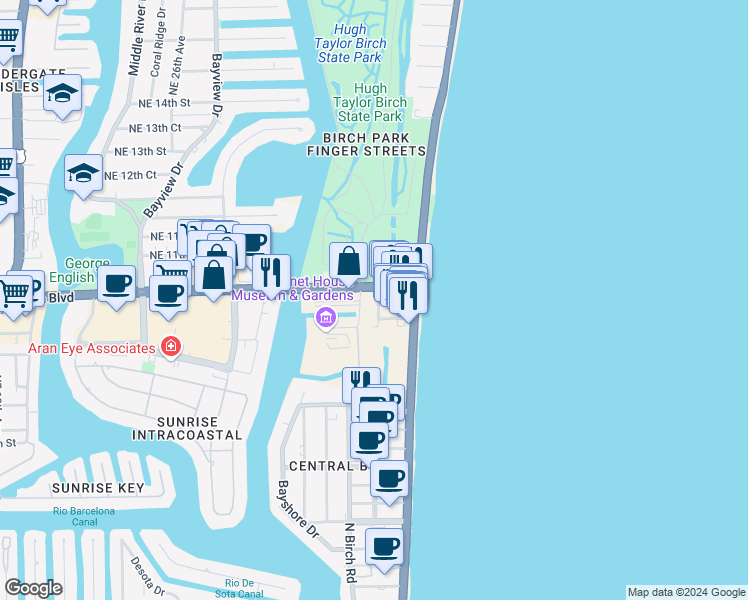 map of restaurants, bars, coffee shops, grocery stores, and more near 915 East Sunrise Boulevard in Fort Lauderdale