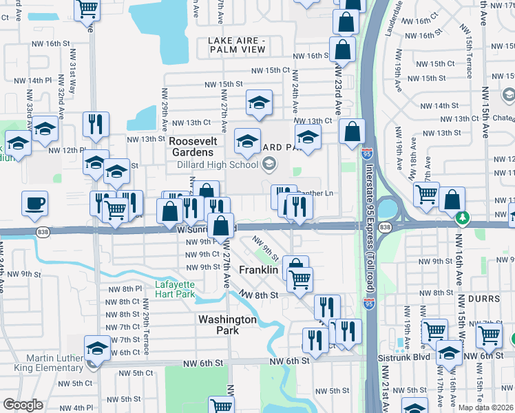 map of restaurants, bars, coffee shops, grocery stores, and more near 1050 Northwest 25th Way in Fort Lauderdale