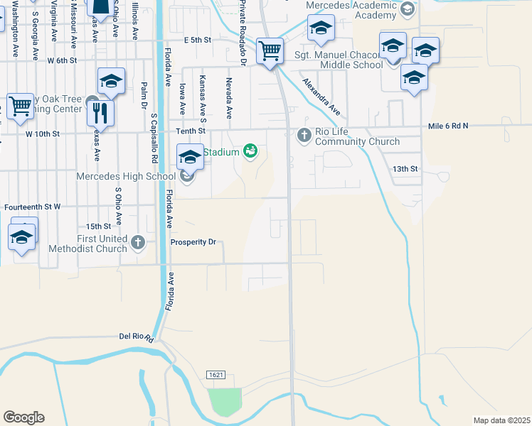 map of restaurants, bars, coffee shops, grocery stores, and more near 1622 Oak Ridge Drive in Mercedes
