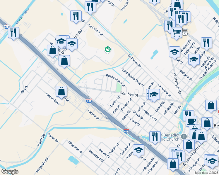 map of restaurants, bars, coffee shops, grocery stores, and more near 1650 Combes Street in San Benito